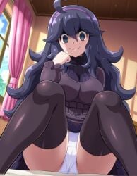 ahoge ai_generated bedroom black_eyes black_thighhighs curtains dress from_below hair_between_eyes hairband hex_maniac hex_maniac_(pokemon) looking_at_viewer nintendo non-web_source on_bed panties pokemon pokemon_xy purple_dress purple_hair sitting smile solo thighhighs underwear wai-nsfw-illustrious-sdxl white_panties zettai_ryouiki