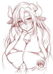 1boy animal_ears bell bikini_top breasts collar cow_ears cow_girl cow_horns female horns huge_breasts long_hair male monochrome paizuri penis roshiman simple_background sketch straight uncensored white_background