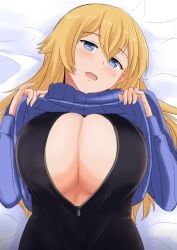 blonde_hair blue_eyes blush breasts clothes_lift commentary_request female front_zipper_swimsuit hair_between_eyes hair_flaps half-closed_eyes highres large_breasts lifting_own_clothes long_hair looking_at_viewer lying meme_attire mori_yoshihara_(naozuri) naozuri on_back one-piece_swimsuit open_clothes open_mouth open_shirt original paizuri_invitation ribbed_sweater shirt solo sweater sweater_lift swimsuit turtleneck upper_body