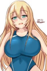 atago_(kancolle) blonde_hair blue_eyes breasts competition_swimsuit female highres kantai_collection large_breasts long_hair montemasa one-piece_swimsuit simple_background swimsuit white_background