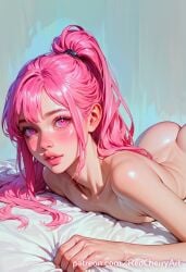 ai_generated bedroom femboy full_lips naked pink_eyes pink_hair ponytail prone_bone redcherryart sissy