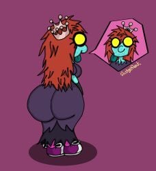 big_ass big_ass_(female) big_butt big_nose blue_skin crown dress eyelashes freckles huge_ass long_hair messy_hair original original_artwork original_character princess princess_syth_(sludgefreak) purple_dress red_hair sludgefreak sneakers tongue tongue_out yellow_eyes