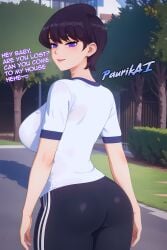 2025 2d 4k 4k_resolution ai_generated aigirl black_pants blush detailed ecchi english_text hd hentai high_resolution highres komi-san_wa_komyushou_desu komi_can't_communicate komi_shuuko lewd looking_back nsfw park paurikai porn sex smile sports_uniform text thick thick_ass thick_breasts uncensored watermark white_shirt