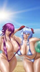 2girls alternate_version_available beach bikini blue_eyes blue_hair covered_nipples female female_focus female_only ganyu_(genshin_impact) genshin_impact holding_object honkai:_star_rail horns kafka_(honkai:_star_rail) large_ass large_breasts lips lipstick long_hair looking_at_viewer micro_bikini oc purple_eyes purple_hair self_upload smile smiling smiling_at_viewer swimsuit thick thick_ass thick_thighs thighs