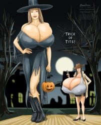 2girls big_ass big_breasts breast_expansion breast_growth breasts bust bustartist busty chest digital_media_(artwork) enormous_breasts expansion female giantess growth halloween hips huge_ass huge_breasts hyper_breasts large_ass large_breasts legs light-skinned_female light_skin massive_breasts mature mature_female