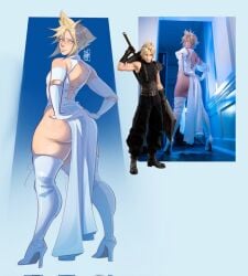 blonde_hair blue_dress cloud_strife femboy final_fantasy final_fantasy_vii high_heel_boots leggings open_back slutty_dress spiky_hair