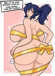 artist_logo artist_name big_ass big_breasts birthday blue_hair blush bow gift_wrapped heart heterochromia huge_ass huge_breasts looking_at_viewer looking_back looking_behind looking_over_shoulder miranda_(silenttandem) oc original_character ponytail red_eye ribbon sideboob silenttandem text text_box text_bubble