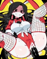 1boy 1girls absurd_res ai_generated black_eyes black_hair black_penis bowtie breasts bunny_ears bunnygirl_outfit butcher_vanity cum cum_in_pussy cum_inside drool drooling duo earrings falsegate fishnet_stockings fishnets gloves hands_on_legs hands_on_own_legs hands_on_own_thighs hands_on_thighs highres large_breasts leotard long_hair looking_at_viewer lying_on_back missionary missionary_position mv_character on_back penis playboy_bunny pupils rabbit_ears rabbit_ears_headband red_bowtie red_gloves red_leotard red_pupils ripped_clothed ripped_leotard self_upload shaded_face short_sleeves smile spread_legs spreading_own_legs stable_diffusion straight sweat thick_thighs thighs torn_clothes torn_leotard vest white_vest wide_hips yandere yi_xi_(synthesizer_v)