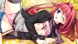 1boy blue_eyes breasts censored female highres long_hair miyama_mizuki nipples ootori_rena otome_ga_tsumugu_koi_no_canvas panties penis red_hair sex stockings vaginal_penetration wince