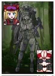 armor belt blush breasts cleavage cowboy_shot eyeglasses female_focus fingerless_gloves forest gloves greyscale hat helmet ill188 large_breasts long_hair looking_at_viewer monochrome navel nipple open_mouth petrification pouch scar simple_background solo statue stone_statue teeth torn_clothes weapon wide-eyed