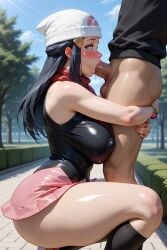 1boy 1girls adult_female ai_generated big_breasts big_butt big_penis blowjob blue_hair blush bonnet breasts dawn_(pokemon) deepthroat_hug fellatio heart-shaped_pupils hug hug_and_suck huge_breasts kneeling oral outdoors penis pokemon skirt sucking thick_thighs thighhighs ul7990