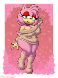 2d 2d_(artwork) 2d_artwork amy_rose big_breasts boots bracelets eyelashes half-closed_eyes high_heels_boots huge_breasts omegasunburst one_arm_behind_head pink_fur red_eyeshadow red_lipstick red_nails relaxed_expression sega smiling_at_viewer sonic_(series) sonic_the_hedgehog_(series) sweater sweater_only thick_ass thick_butt thick_hips thick_legs thick_lips thick_thighs two_tone_fur