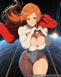 1girls ai_generated anime breasts brown_eyes fit heart inoue_orihime nsfw orange_hair superheroine