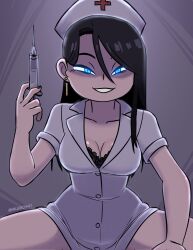 black_hair blue_eyes eye_contact mkairos47 nurse nurse_cap nurse_uniform oc pov straddling syringe