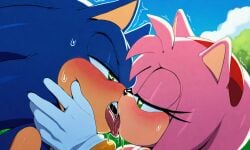 1boy ai_generated amy_rose anthro anthro_on_anthro blue_fur blush duo eyelashes female french_kiss from_side gloves green_eyes heart-shaped_pupils kissing looking_at_another pink_fur romantic saliva saliva_drip sonic_(series) sonic_the_hedgehog sonic_the_hedgehog_(series) sweat sweatdrop sweating sweaty tongue tongue_kiss tongue_out tosca trembling