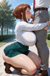 adult_female ai_generated big_breasts big_butt big_penis blowjob boku_no_hero_academia brown_hair deepthroat_hug heart-shaped_pupils hug hug_and_suck kneeling my_hero_academia ochako_uraraka oral skirt sucking thick_thighs thighhighs tie ul7990 uraraka_ochako