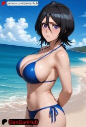 ai_generated alternate_breast_size arms_behind_back bangs bare_shoulders beach bikini black_hair blue_bikini blue_sky blush breasts cleavage cloud collarbone day female hair_between_eyes halterneck kuchiki_rukia large_breasts looking_at_viewer navel ocean outdoors purple_eyes shiny short_hair side-tie_bikini_bottom sky solo swimsuit water