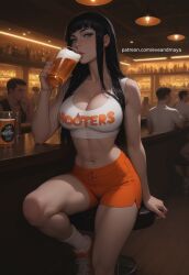 abs ai_generated alcohol bars beer bra cleavage drunk emo eyeshadow fit fit_female hooters hooters_uniform hot muscular muscular_female photoshoot pose sexy sexy_pose sports_bra