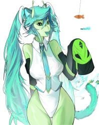 alien alien_girl blue_fur blue_hair cat_ears cat_tail dressed green_eyes green_skin hatsune_miku open_mouth slim slim_girl