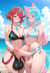 ai_generated ball_bulge bikini embarrassed futanari holding_penis huge_balls huge_cock koneko_dolls penis_out pyra starskyai xenoblade_(series) xenoblade_chronicles_2