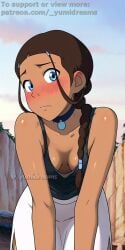 _yumidreams ai_generated avatar_the_last_airbender bare_shoulders blue_eyes blush braided_ponytail brown_hair dark-skinned_female female jewelry katara looking_at_viewer medium_breasts neckline patreon_username petite shy