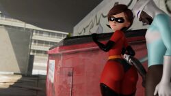 1boy 1girls 3d bodysuit brown_hair dark-skinned_male dark_skin elastigirl eye_mask helen_parr huge_cock huge_penis interracial large_ass light-skinned_female light_skin penis serahnsfwart shorter_than_10_seconds straight tagme the_incredibles video