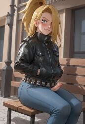 1boy ai_generated bench big_butt blonde_hair blue_eyes blush deidara femboy femboy_focus fishnets goth jeans leather leather_jacket male male_only naruto naruto_(series) penis pierced_nipples pleasure_face ripped_clothing sissy sitting smile solo solo_focus thighs_waist