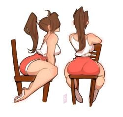 alternate_costume booty_shorts brown_hair fatal_fury mai_shiranui ponytail shorts sitting sitting_on_chair snk street_fighter street_fighter_6 the_king_of_fighters wellington_phelippe