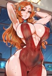 1girls ai_generated armpits arms_up asian asian_female big_breasts bleach breasts cameltoe close-up dress erect_nipples female female_focus female_only from_below huge_breasts indoors inoue_orihime japanese_female light-skinned_female looking_at_viewer looking_down nipple_bulge nipples novelai orange_hair pose pussy red_clothing red_dress seductive seductive_look seductive_smile sideboob slit_dress solo solo_female solo_focus sweat tight_clothing twitwit vagina visible_pussy voluptuous voluptuous_female