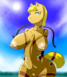 anthro areola big_breasts blonde_hair breasts color day equine erect_nipples female gblastman green_eyes hair horse huge_breasts looking_at_viewer navel nipples outdoors pussy skimpy solo