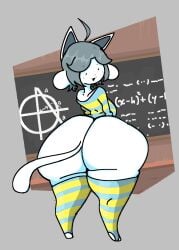 1girls 4four44 anthro ass bottomless bottomless_female breasts chalkboard female female_focus female_only furry grey_hair hips hyper hyper_ass large_ass large_breasts looking_back sideboob stocking stockings_thigh_highs striped_legwear temmie_(undertale) thick_thighs thighs undertale undertale_(series) white_body white_fur wide_hips