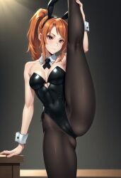 ai_generated breasts brown_eyes bunny_ears bunnysuit code_vein curvy_female curvy_figure ginger ginger_hair leotard looking_at_viewer one_leg_up orange_hair pantyhose ponytail rin_murasame scar scar_on_face thighs