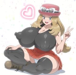 :d alternative_bust_size areolae big_breasts bimbo black_legwear black_thighhighs blonde_hair blue_eyes blush breasts brown_hair cameltoe cleavage clothing covered_erect_nipples curvaceous enormous_breasts erect_nipples eyewear eyewear_on_head female female_only footwear game_freak gigantic_breasts hat headwear heart high_resolution hitokiwa_kenchin huge_breasts hyper_breasts large_breasts large_filesize legwear long_hair looking_at_viewer massive_breasts miniskirt nintendo nipples open-mouth_smile open_mouth pantsu pokemon pokemon_(game) pokemon_character pokemon_x_&_y protagonist_(pokemon) red_skirt serena_(pokemon) serena_(pokemon_games) shiny shirt shoes simple_background sitting skirt smile sneakers solo squatting striped striped_panties striped_underwear sunglasses thick_thighs thighhighs thighs underwear v very_high_resolution white_background