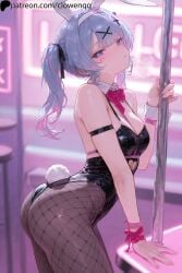 1girls ai_generated ass bangs bent_over blue_eyes blue_hair blush bunny_ears bunny_girl bunny_tail bunnysuit closed_mouth clowenqq female female_focus female_only fishnets from_side hair_ornament hair_ribbon hatsune_miku heart-shaped_pupils hi_res indoors looking_at_viewer multicolored_hair pantyhose pole rabbit_hole_(deco*27/caststation) rabbit_hole_(vocaloid) ribbon solo solo_female solo_focus twintails two_tone_hair x_hair_ornament