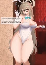 1girls akane_(blue_archive) akane_(bunny)_(blue_archive) anal anal_slut big_breasts blue_archive brown_eyes brown_hair bunny_girl bunnysuit buttslut curvy_figure english_text glasses gloves halo leotard long_hair meeow68 murokasa_akane talking_to_viewer thick_thighs wide_hips