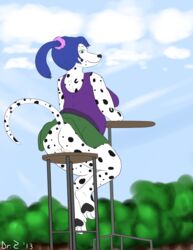 anthro ass blue_hair canine chubby dalmatian dr_zombie fur furry hair hindpaw june paws ponytail pussy skirt spots tied_hair tree upskirt