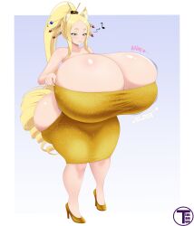 alternate_breast_size artist_name ass ass_bigger_than_head big_ass blonde_hair blush breasts breasts_bigger_than_head breasts_bigger_than_torso cleavage dress enormous_breasts fox_ears fox_girl gigantic_breasts high_heels high_school_dxd huge_ass huge_breasts hyper hyper_breasts long_hair looking_at_self massive_breasts musical_note onomatopoeia ponytail simple_background skindentation smile standing thick_thighs timaeus wide_hips yasaka_(high_school_dxd) yellow_dress yellow_eyes