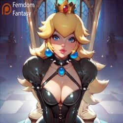 1girls ai_generated bdsm_gear big bondage breasts dominant domination explicit female femdom femdomfantasyai latex nintendo nude obey ordering princess_peach room rules super_smash_bros. throne worship