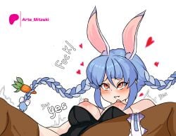 1girls animal_ears arte_mitzuki artemitzuki_(artist) blue_hair braid breasts bunny_ears bunny_girl carrot carrot_hair_ornament english_text food-themed_hair_ornament hair_ornament heart hololive hololive_fantasy hololive_japan long_braid long_hair nipples no_bra text twin_braids usada_pekora virtual_youtuber