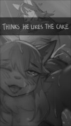 ambiguous_penetration anthro biped blush bodily_fluids bottomless breasts canid canine caption clothed clothing cum eyebrows female female_penetrated fur genital_fluids group hair heart_symbol hi_res male male/female male_penetrating male_penetrating_female mammal one_eye_closed open_mouth open_smile penetration penile penile_penetration penis pupils sex sincrescent smile trio