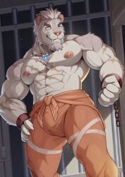 anothereidos_of_dragon_vein_r anthro barazoku big_fangs clothed clothing cuff_(restraint) fangs felid handcuffs heterochromia ivar_(anothereidos_r) male mammal mature_male metal_cuffs mumu202 pantherine pecs prehistoric_species prison_cell prison_uniform restraints saber-toothed_tiger scar scars_all_over teeth topless topless_male