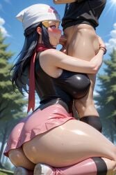 1boy 1girls adult_female ai_generated ass big_breasts big_butt big_penis blowjob blue_hair blush bonnet breasts dawn_(pokemon) deepthroat_hug fellatio heart-shaped_pupils hug hug_and_suck huge_breasts kneeling oral outdoors penis pokemon skirt sucking thick_thighs thighhighs ul7990