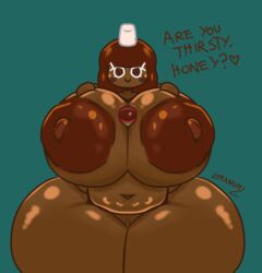 bbw belly breasts_bigger_than_head breasts_out chubby cocoa_cookie cookie_run cookie_run_kingdom cookie_run_ovenbreak holding_breast hot_cocoa huge_breasts offering_to_viewer tagme text zeraniumz