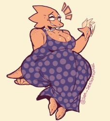 3_toes alphys animation_sensation barefoot bbw big_ass big_breasts black_dress bottom_heavy chubby_female freckles glasses lizard_girl polka_dot scalie undertale undertale_(series) voluptuous_female