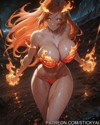 1girls ai_generated bleach breasts brown_eyes fit flame inoue_orihime orange_hair sweat