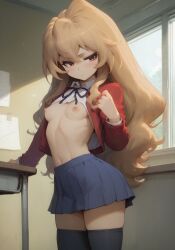 1girls ai_generated aisaka_taiga blazer blush brown_eyes brown_hair civitai classroom embarrassed female long_hair nipples petite school_uniform schoolgirl shy skirt small_breasts standing thighhighs thighs toradora! undressing wide_hips yercyu