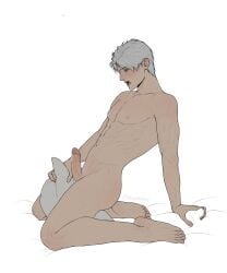 blush blush_lines cum_drip cum_dripping_from_penis ekaymnslvs grey_hair happy_trail looking_at_penis love_and_deep_space masturbation moaning open_mouth pillow_humping solo_male sylus_(love_and_deep_space) twink white_hair