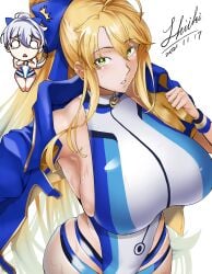 2girls absurdres ahoge artoria_pendragon_(fate) artoria_pendragon_(swimsuit_ruler)_(fate) bare_shoulders blonde_hair blue_bow blue_jacket blue_one-piece_swimsuit blush bow breasts chibi commentary commission cosplay fate/grand_order fate_(series) green_eyes grey_hair hair_between_eyes hairbow highleg highleg_one-piece_swimsuit highres huge_breasts jacket long_hair looking_at_viewer multiple_girls one-piece_swimsuit open_clothes open_jacket parted_lips pixiv_commission ponytail shiki_(love-saber) short_sleeves sidelocks signature swimsuit thigh_strap thighs tomoe_gozen_(fate) tomoe_gozen_(swimsuit_saber)_(fate) tomoe_gozen_(swimsuit_saber)_(fate)_(cosplay) two-tone_swimsuit white_one-piece_swimsuit