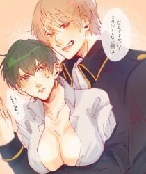 1boy 1girls arm_under_breasts big_breasts blush cleavage dark_green_hair embarrassed female genderswap_(mtf) gintama green_hair hijikata_toshiro male okita_sougo police_officer police_uniform rule_63 shinsengumi_(gintama) short_hair smile sweatdrop teasing tomboy translated very_short_hair