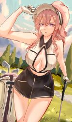 1girls alternate_costume artist_logo artist_name azur_lane big_breasts breasts cap cleavage clemenceau_(azur_lane) clemenceau_(splendid_breeze)_(azur_lane) clothed clothing clouds female female_only gloves golf_club golf_course golf_outfit grass hat inner_sideboob light-skinned_female light_skin looking_at_viewer official_alternate_costume ooper_loops outside ponytail purple_eyes sky solo vichya_dominion_(azur_lane) visor visor_cap white_gloves